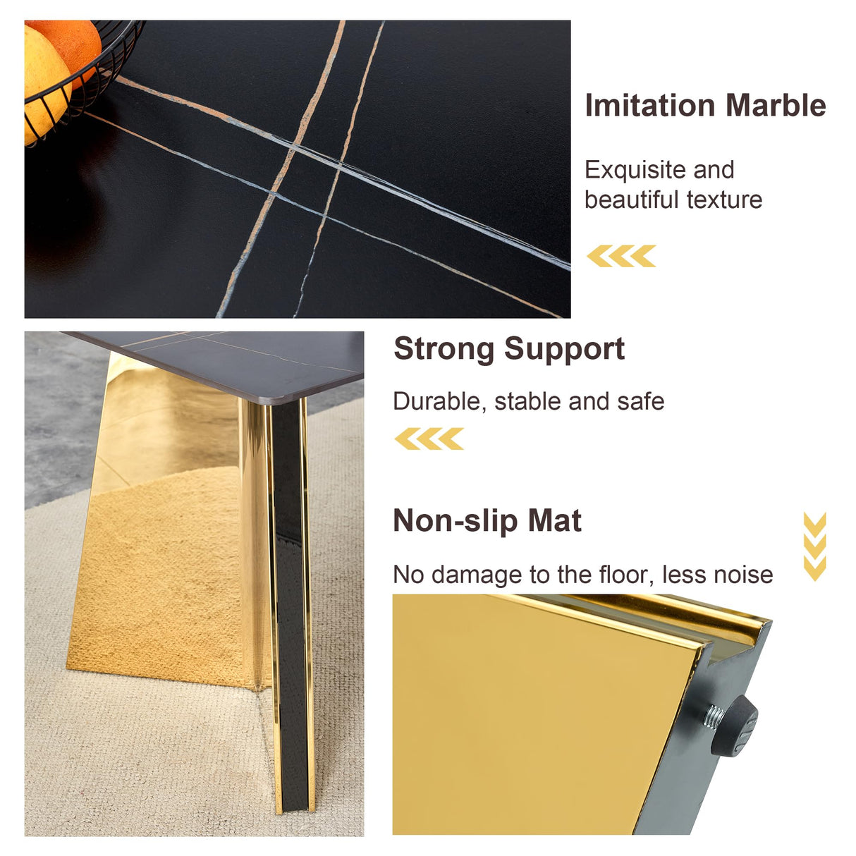 TesNus 7 Pieces Dining Table Set,63" Marble Kitchen Room Table with 6 Black Chairs,Rectangle Sintered Stone Top with Gold Legs,Large Dining Set for 6 Person for Kitchen Dining Room TesNus