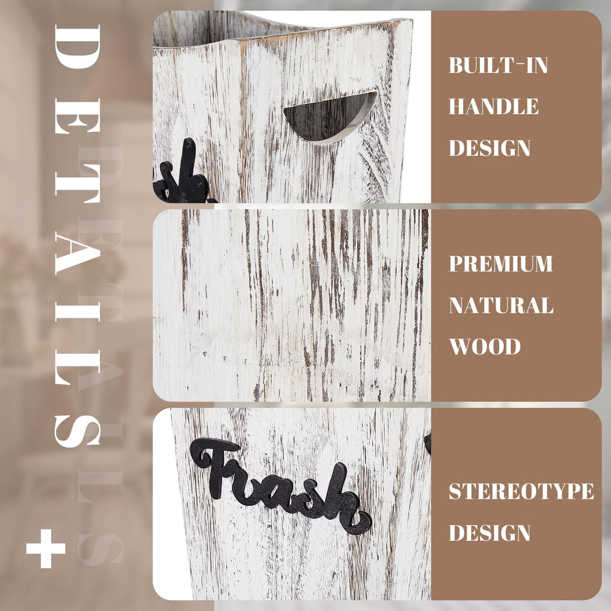 Maxcheck 2 Pcs Farmhouse Bathroom Wood Trash Can, 2 Sizes Rustic Square Wastebasket Bin with Convenient Handle for Bathroom, Kitchen, Bedroom, Office(White) Maxcheck