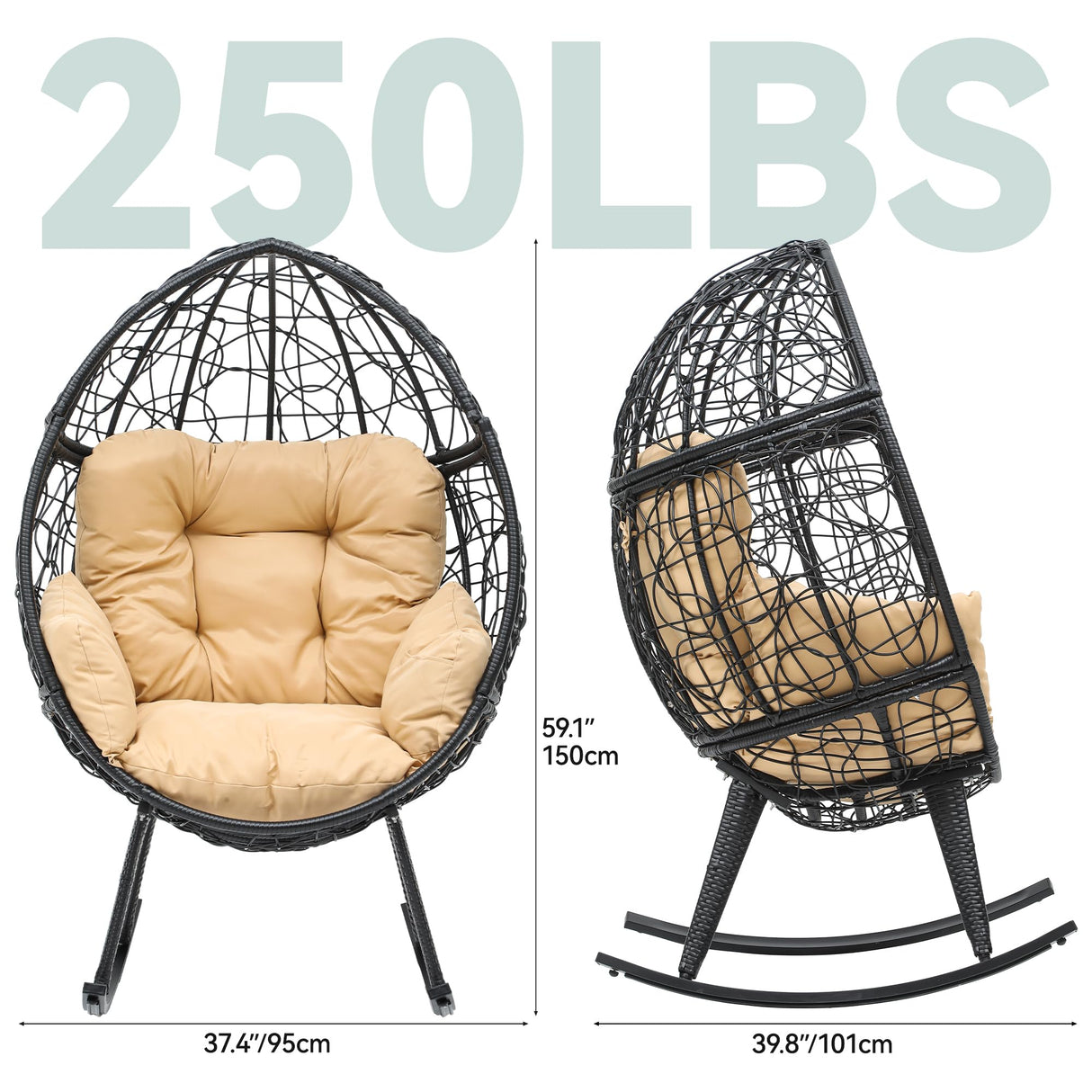 YITAHOME Rocking Egg Chair with Cushioned Comfort, 250lb Capacity, Anti-Slip, All-Weather Resilient Wicker Rattan Design for Indoor & Outdoor Relaxation Spaces, Beige YITAHOME