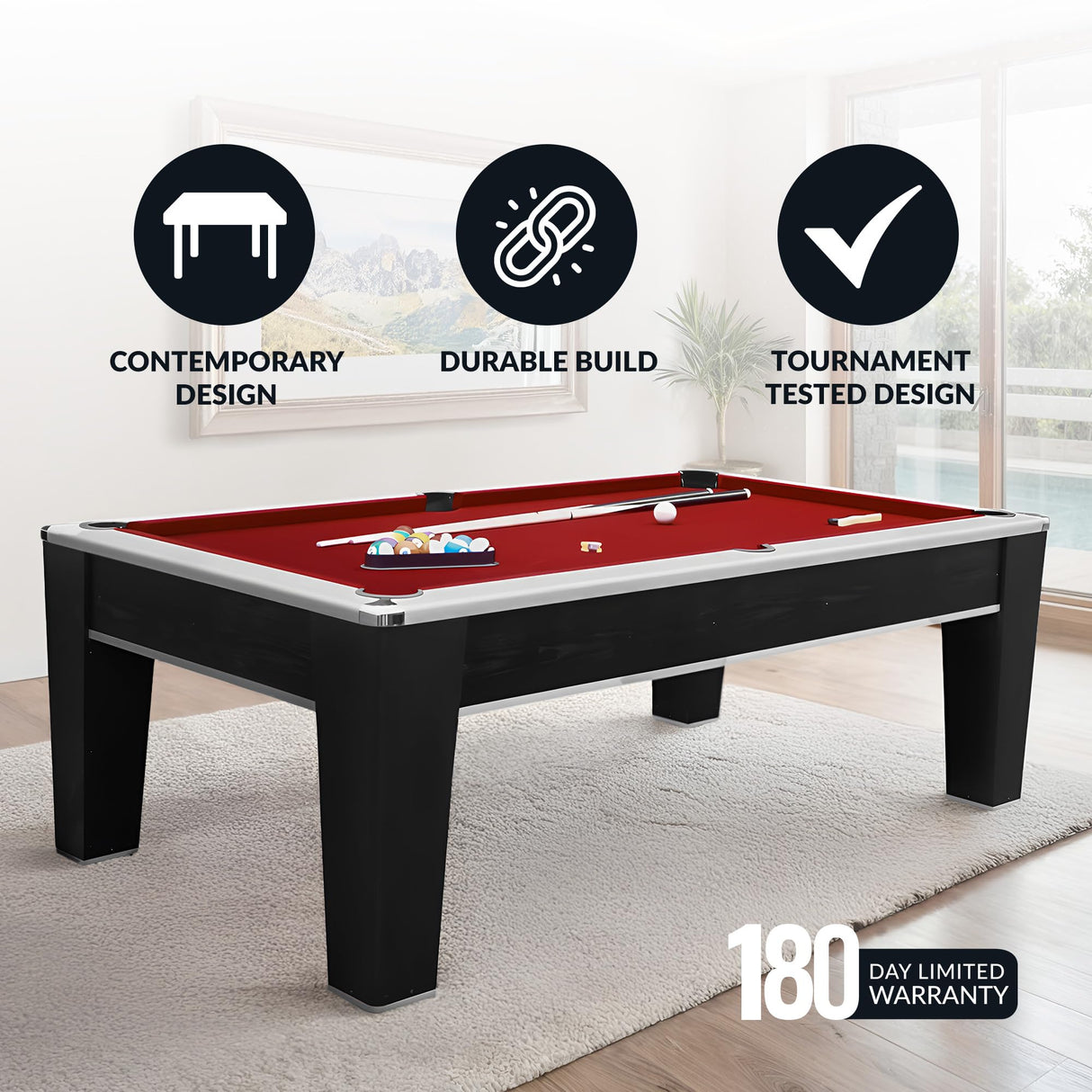 Hathaway Mirage 7.5 Ft Heavy Duty Pool Table – Includes Cue Sticks, Billiard Balls, Brush – Perfect for Professional and Family Billiards Games Room – Red Felt with Wood Finish Hathaway