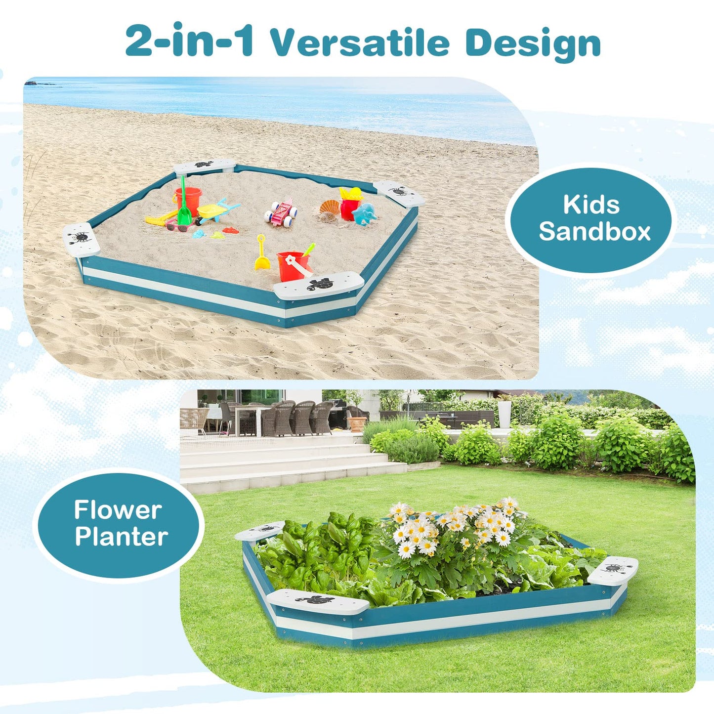 HONEY JOY Kids Sandbox, Cedar Bottomless Sand Pit for Backyard Deck Patio Lawn, 4 Corner Seats with Pattern, Square Wood Sand Boxes for Kids Outdoor, Gift for Boys Girls 3+, Navy Blue - WoodArtSupply