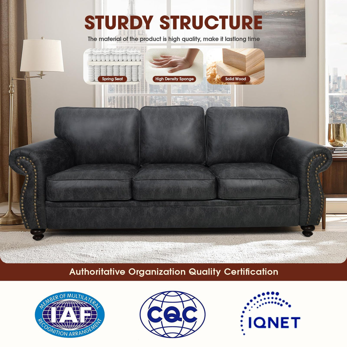 Couchus Mid-Century Vintage Sofa Couches with Rivet Design,loveseat Sofa,Removable Sofa Cover Upholstered Cushions and Solid Wood Frame (Grey, 3-Seater) Couchus