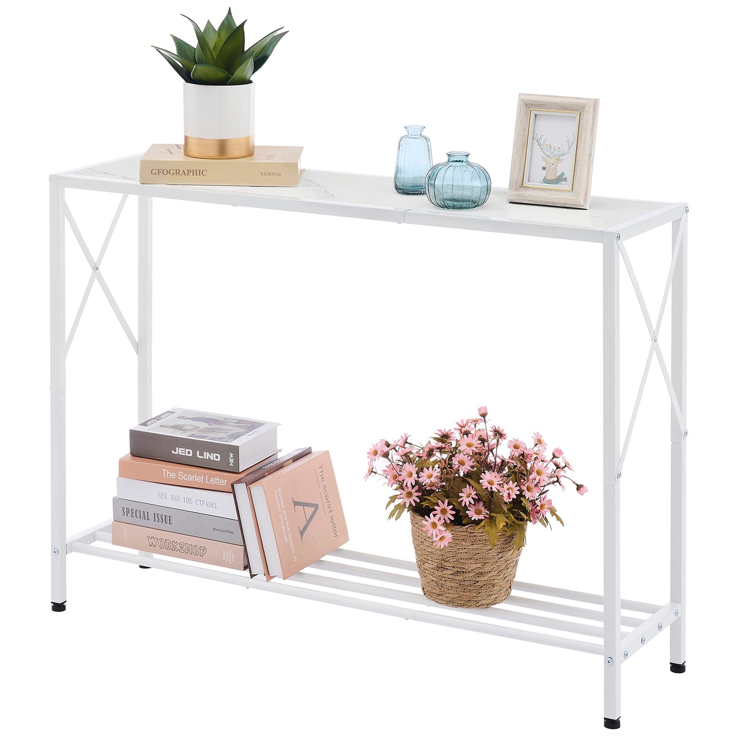 Tajsoon Console Table 41.8”, 2-Tier Entryway Table Narrow Sofa Table with Shelves, Entrance Table with Stable X-Frame, for Entryway, Hallway, Living Room, Foyer, Corridor, Office, White