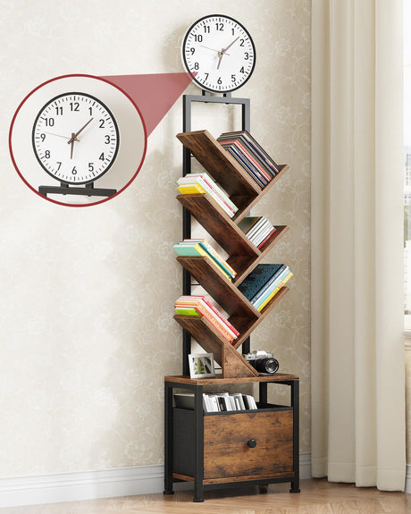 HIGDBFE 6 Tier Tree Bookshelf with Clock and Fabric Drawer, Small Narrow Bookcase, Tall Floor Standing Book Shelf for Bedroom, Living Room, Home Office, Rustic Brown HIGDBFE