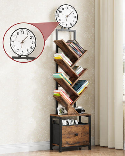 HIGDBFE 6 Tier Tree Bookshelf with Clock and Fabric Drawer, Small Narrow Bookcase, Tall Floor Standing Book Shelf for Bedroom, Living Room, Home Office, Rustic Brown