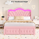 Keyluv Queen Bed Frame Arc-Shaped LED Lights and 47.2" Height Wingback Bed, Button Tufted Headboard and Footboard with Storage Drawer, Velvet Upholstered Platform Bed Frame No Box Spring Needed, Pink Keyluv