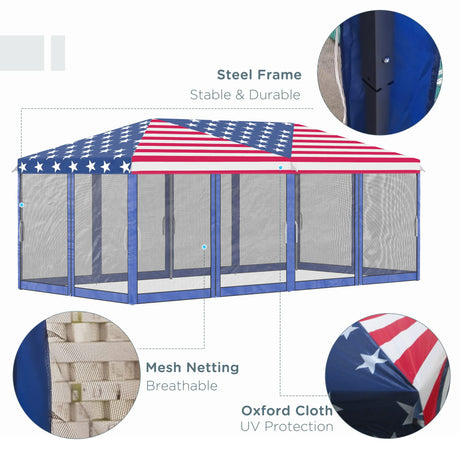 10' X 20' Pop Up Canopy Gazebo Tent with Netting, Heavy Duty Instant Sun Shelter with Carry Bag, Portable Large Tents for Parties for Outdoor, Garden, Patio, American Flag Pattern Event Tent FUCIHOMA