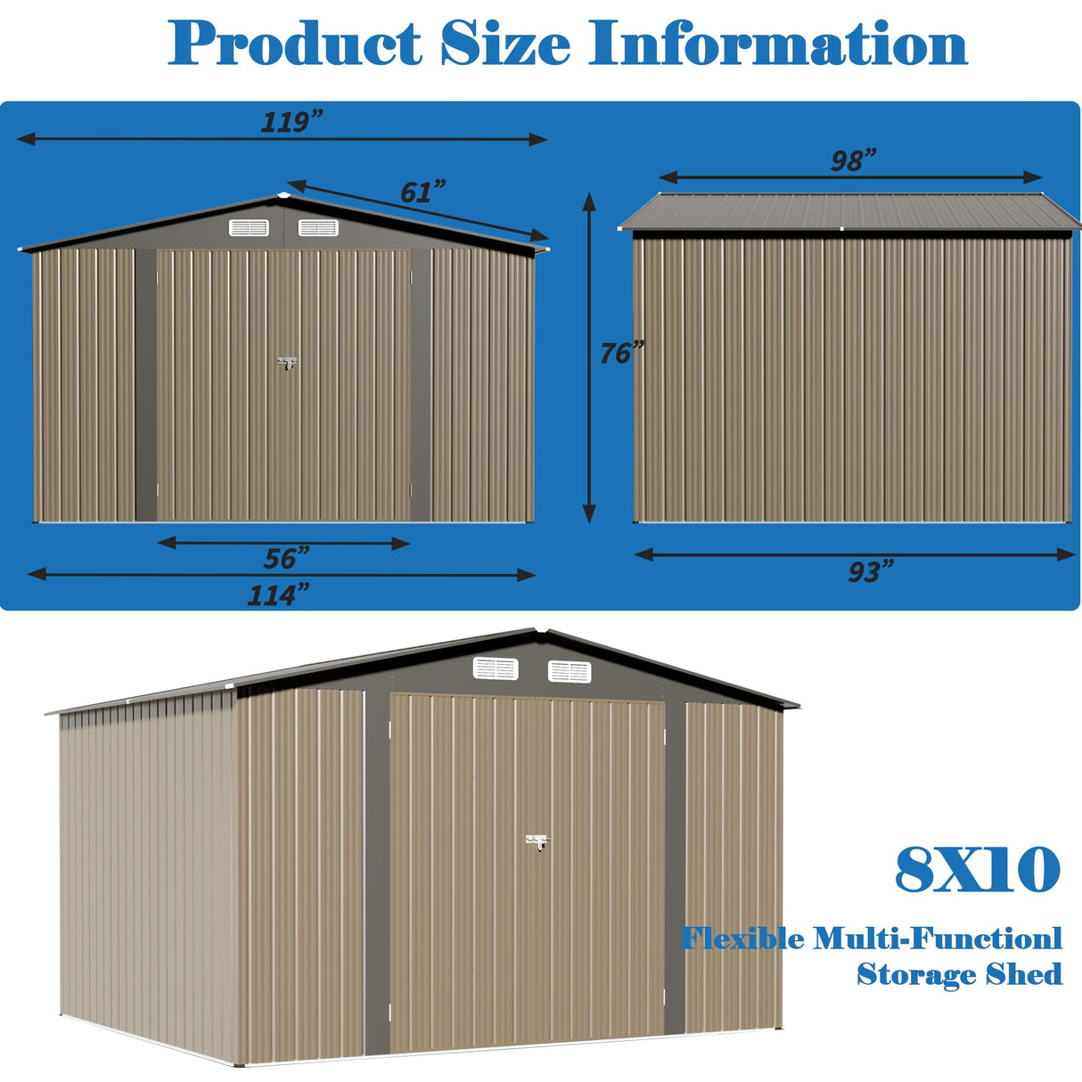 TIMWNER Large Storage Shed, 10' × 8' FT Metal Storage Shed with Lockable Door, Waterproof Shed Outdoor Use, Tool Shed with Windows for Bike, Garden, Brown TIMWNER