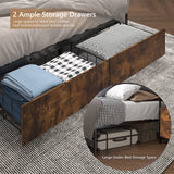 Meitewei Queen Bed Frame with Hidden Storage Headboard and 2 Drawers, LED Bed Frame with Charging Station, Metal Platform Bed Frame, No Box Spring Needed, Vintage Brown Meitewei