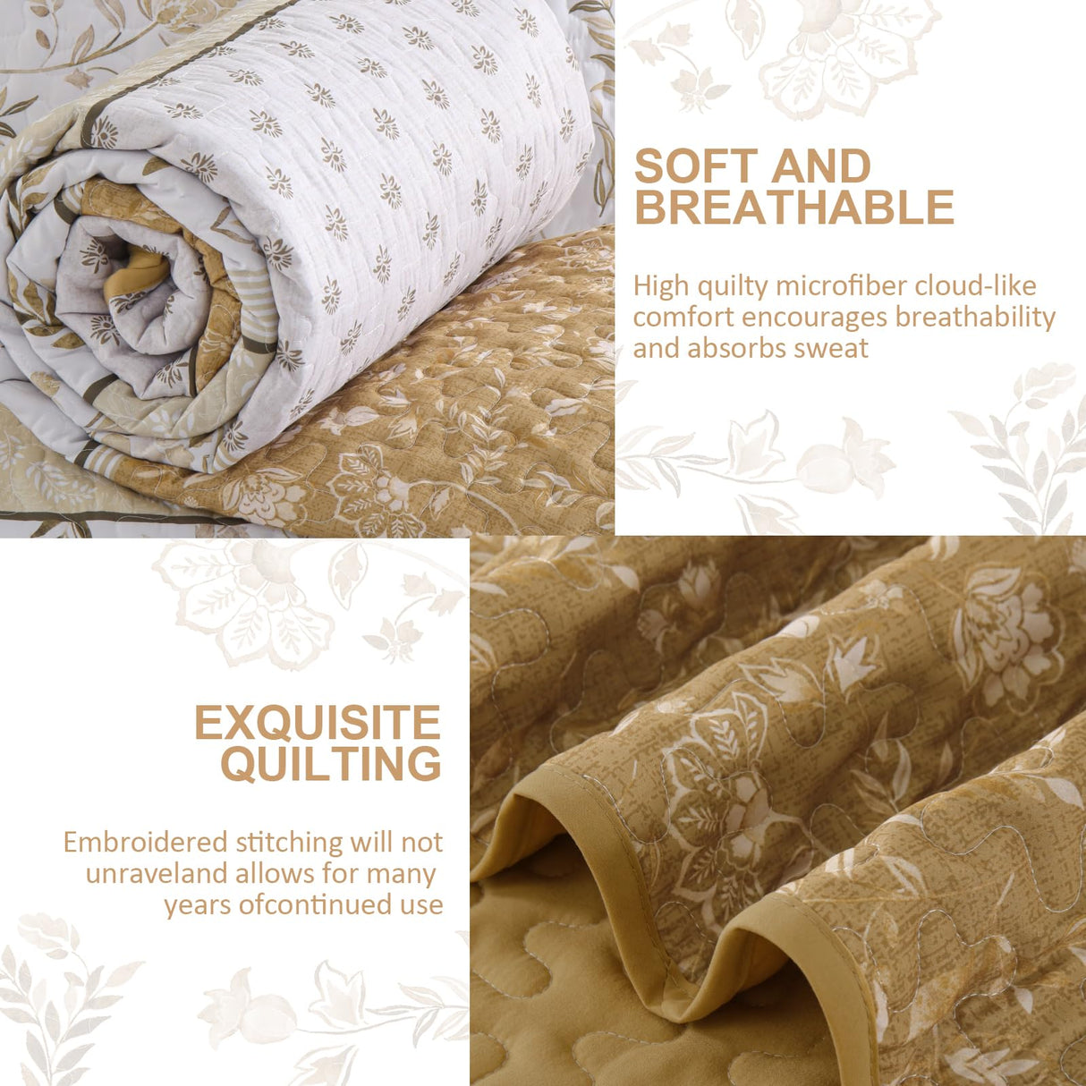 WONGS BEDDING Boho Floral Quilt Set King Size, Brown Patchwork Quilt Bedspread with Flower Botanical Leaves Printed, 3 Pieces Farmhouse Bedding Set for All Season(104"x90") WONGS BEDDING