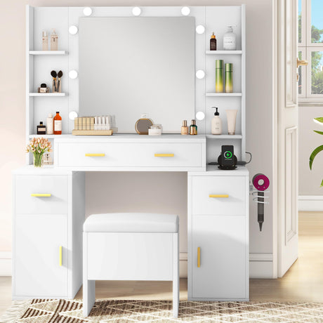 YITAHOME Makeup Vanity with Mirror and Lights, Vanity Desk Ensemble with Power Dock, Dressing Table with Drawers and Shelf, cabinets, Adjustable Brightness in 3 Light Modes, Bedroom, Pure White YITAHOME