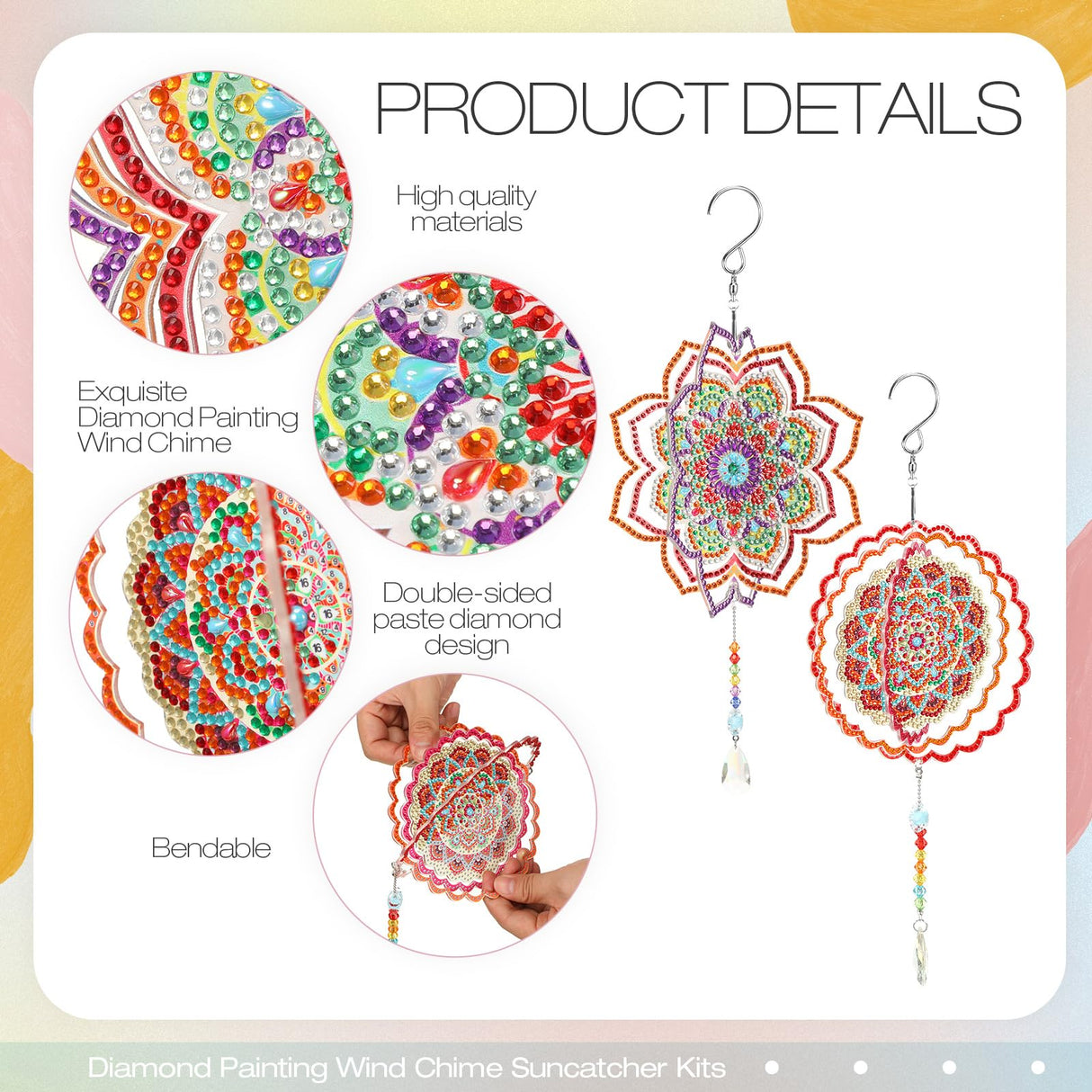 Queekay 2 Pieces 3D Diamond Painting Wind Chime Diamond Art Suncatcher Kits Three Dimensional by Number Hanging Ornament Double Sided Crystal Suncatcher Window Decor for Home Wall Garden(Flower) Queekay