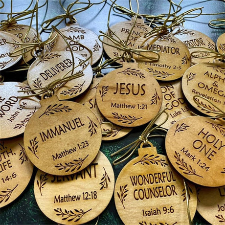25 Pack Names of Jesus Ornaments, 5 cm / 2 inch Diameter | Name of Jesus Advent, Wood Hanging Ornaments with Savior Names, Ornaments for Christmas Tree Decor WoodArtSupply
