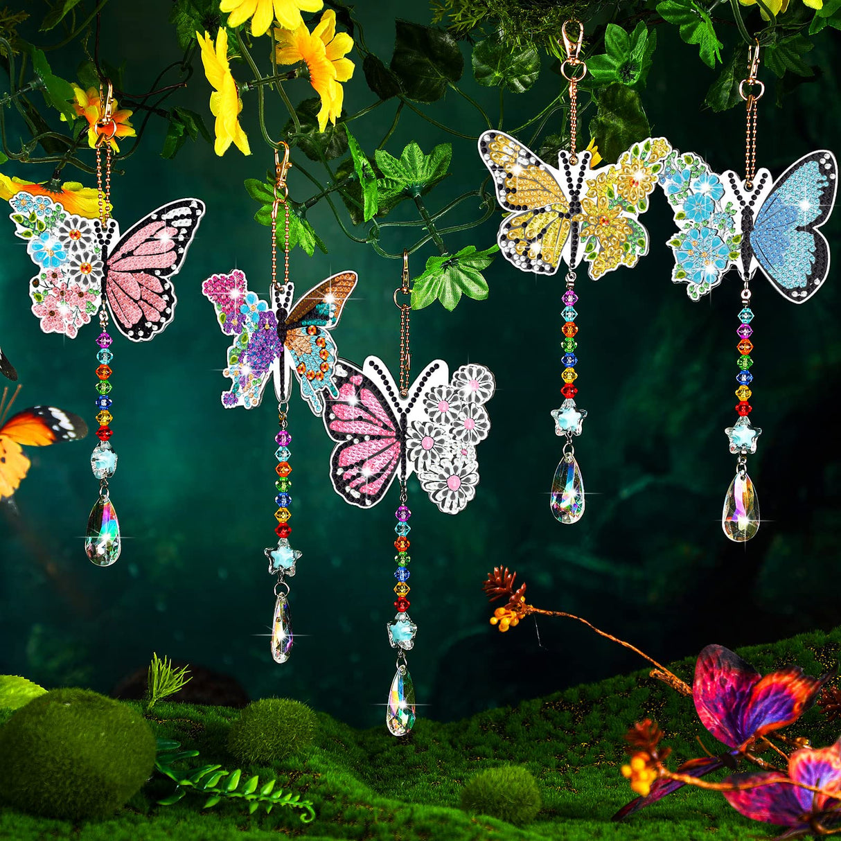 Tradder 6 Pcs Spring Butterfly Diamond Painting Wind Chimes Diamond Painting Suncatcher Art Kit Double Sided Butterfly Ornaments 5d Rhinestone for Spring Home Garden Tradder