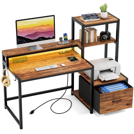 GreenForest Computer Desk with Drawers and Monitor Stand, Home Office Desk with Storage Shelves, Small Gaming Desk with Power Outlets and LED Lights for Study Writing Working, 51 inch Walnut GreenForest