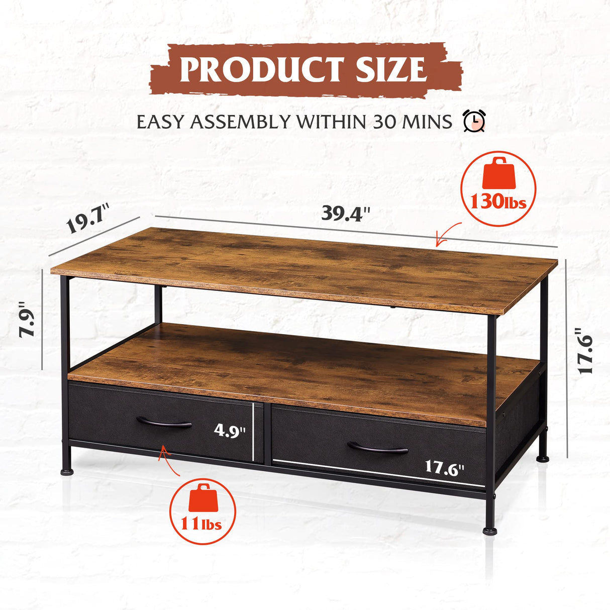 WLIVE Coffee Table with Storage, 2-Tier Rectangle Wood Coffee Table for Living Room, Modern Industrial Center Table with 2 Drawers and Open Shelf, Living Room Table for Home, Office, Rustic Brown WLIVE