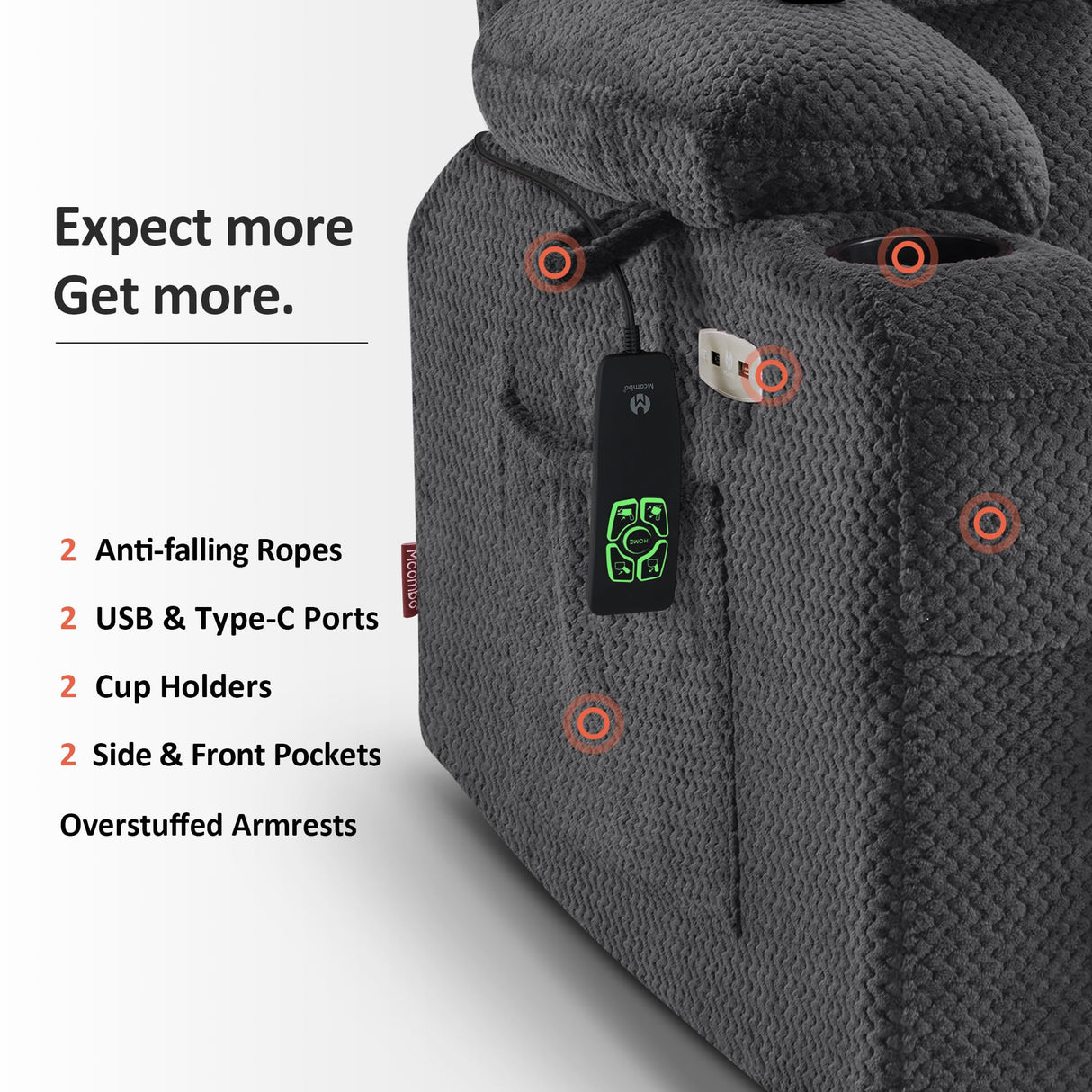 MCombo Large Dual Motor Power Lift Recliner Chair Sofa with Massage and Heat for Tall Elderly People, Infinite Position, USB Ports, Cup Holders, Fabric 7896 (Dark Gray, Large-Regular) MCombo