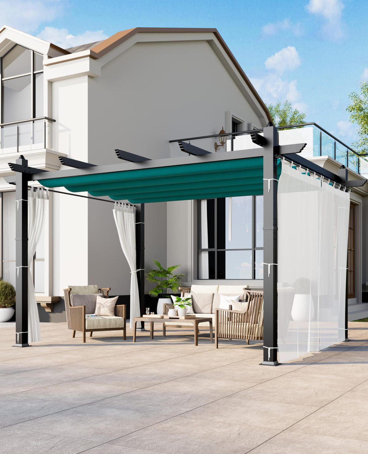 Garvee 10x13 Ft Outdoor Retractable Pergola with Canopy and Side Mesh Screen, Upgraded Gray Post Aluminum Pergola, Modern Pavilion for Backyard, Patio, Porch, Grape Trellis, Blue + White Garvee
