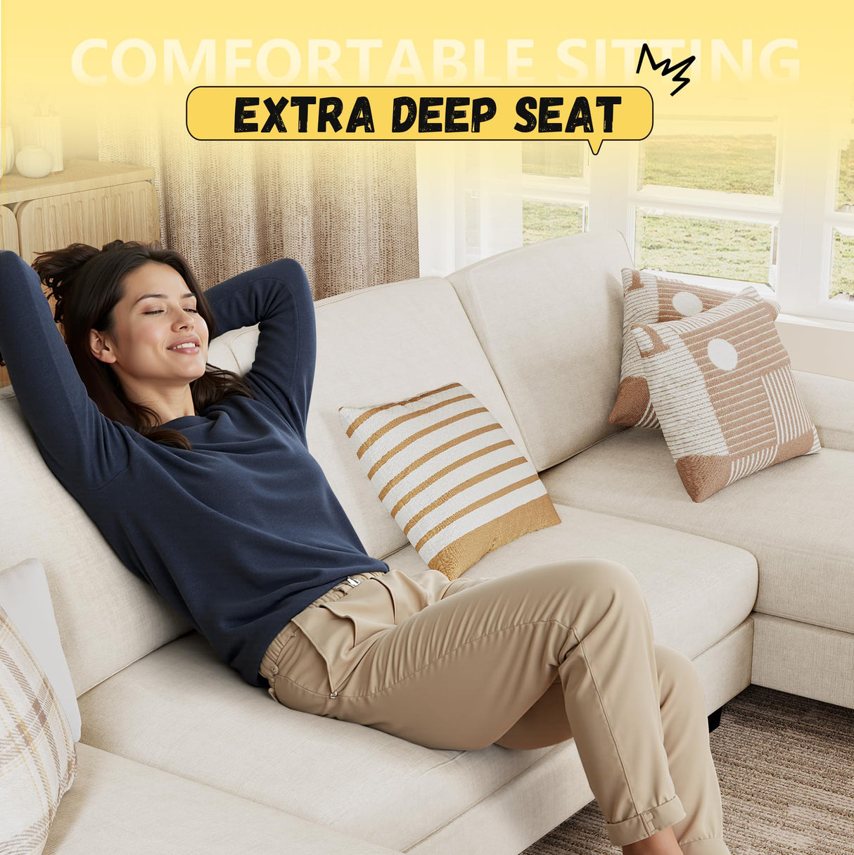 JUMMICO Sectional Couches for Living Room, U Shaped Couch with Chenille Fabric, 4 Seat Modern Sofa with Removable Pillows for Apartment and Small Space (Fabric, White) JUMMICO