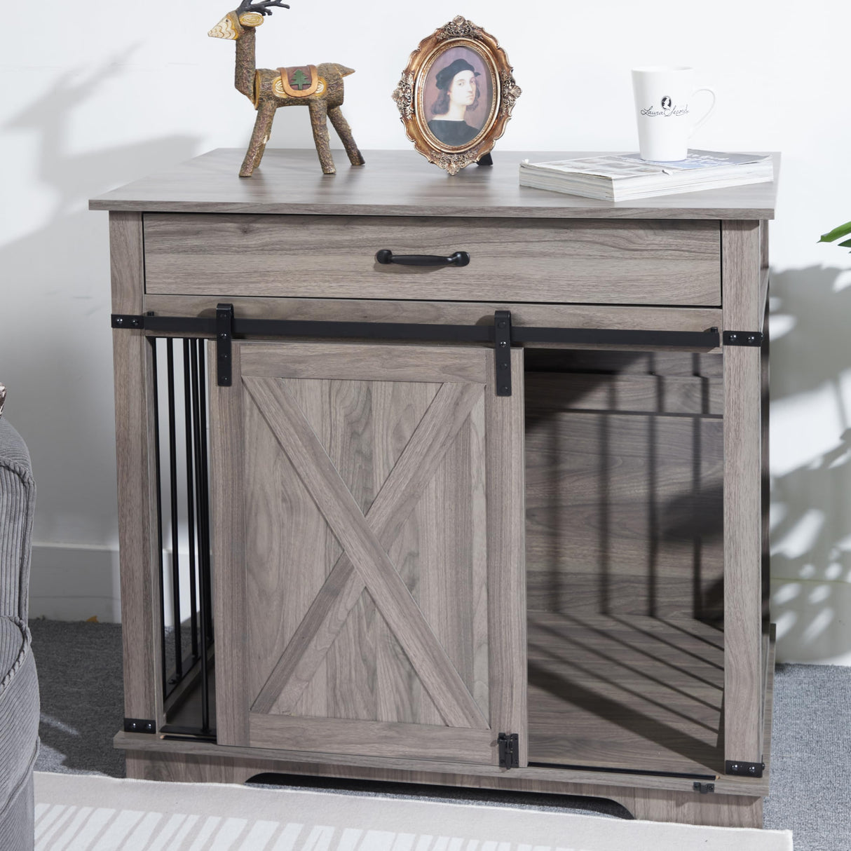 Wooden Dog Cage Furniture Style Farmhouse Dog Crate Side End Table Indoor Dog Kennel with Drawers Sliding Barn Door Cage for Dog, Waterproof, Resistant Scratch, All Breed Sizes Generic