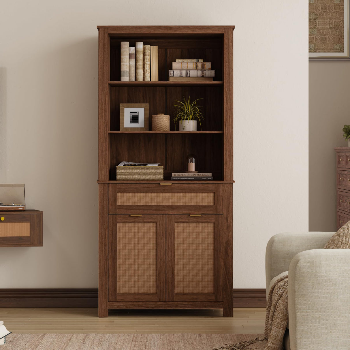 EROMMY 5 Tier Rattan Bookshelf with Drawer, 71" Tall Boho Bookcase, Large Wooden Farmhouse Bookshelf with Doors Storage Cabinet and Display Shelves for Living Room, Bedroom, Home Office, Walnut EROMMY