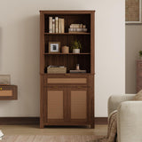 EROMMY 5 Tier Rattan Bookshelf with Drawer, 71" Tall Boho Bookcase, Large Wooden Farmhouse Bookshelf with Doors Storage Cabinet and Display Shelves for Living Room, Bedroom, Home Office, Walnut EROMMY