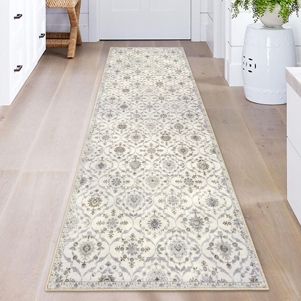 KILOCOCO 2x6 Runner Rug, Moroccan Washable Hallway Entryway Runner Rug, Accent Print Faux Wool Kitchen Runner Rug 6 Feet Non-Slip Boho Rug Runner for Laundry Room Bedroom, Beige Yellow KILOCOCO