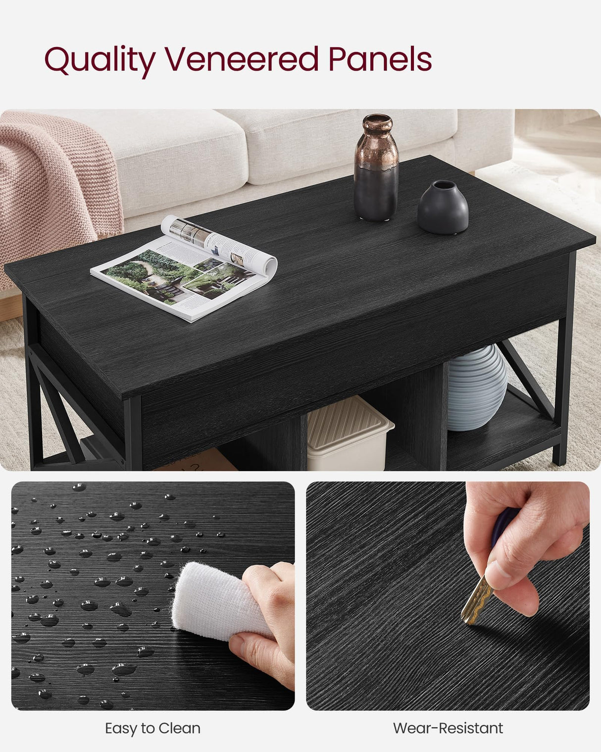 VASAGLE Lift Top Coffee Table, Lift Coffee Table with Storage Shelf, Hidden Compartments and Lifting Top, for Living Room, Office, 19.7 x 39.4 x (19.3-24.4) Inches, Black with Wood Grain ULCT202B22 VASAGLE