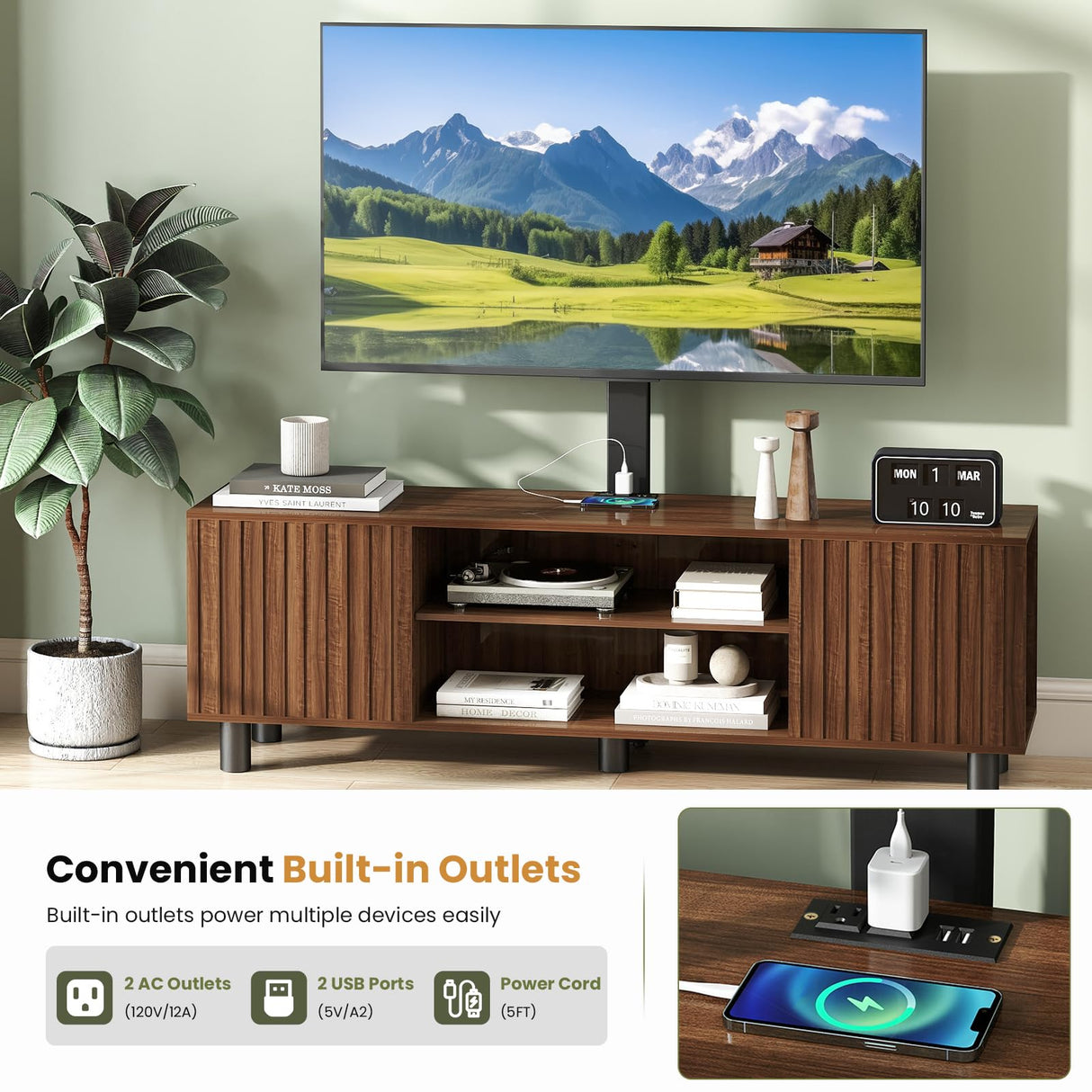 Lamtor TV-Stand with Mount and Power Outlet, Fluted TV Stand for 65 70 75 Inch TV, Entertainment Center with Storage, Media Console Table for Living Room, Walnut Lamtor