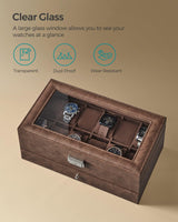 SONGMICS 12-Slot Watch Box, Lockable Watch Case with Glass Lid, 2 Layers, with 1 Drawer for Rings, Bracelets, Gift Idea, Brown Synthetic Leather, Brown Lining UJWB012K01 SONGMICS