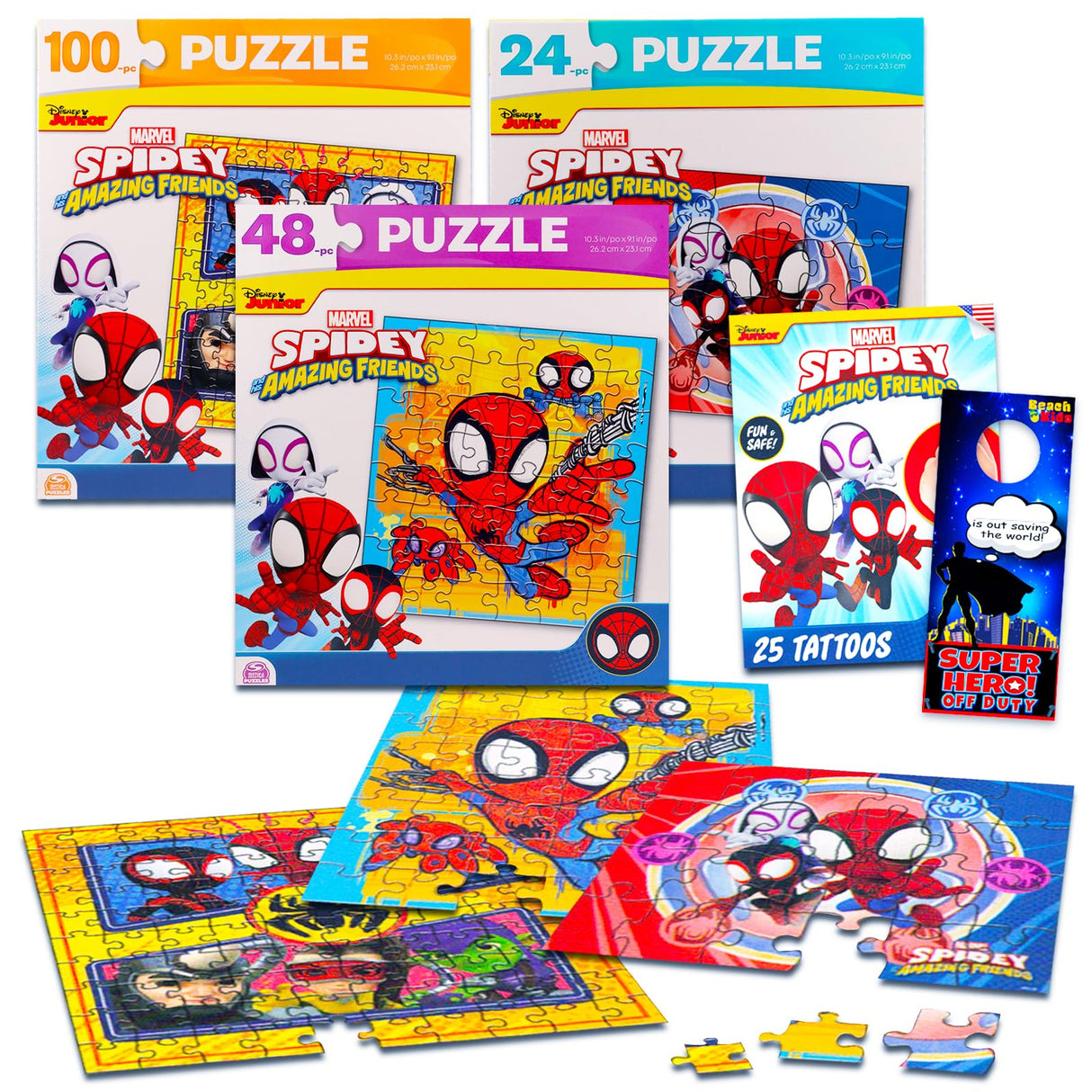 Spidey and Friends Jigsaw Puzzle Set - 3 Pack Spidey Puzzle Bundle with Tattoos and More for Kids Adults (Spidey and Friends Party Favors) Spider-Man