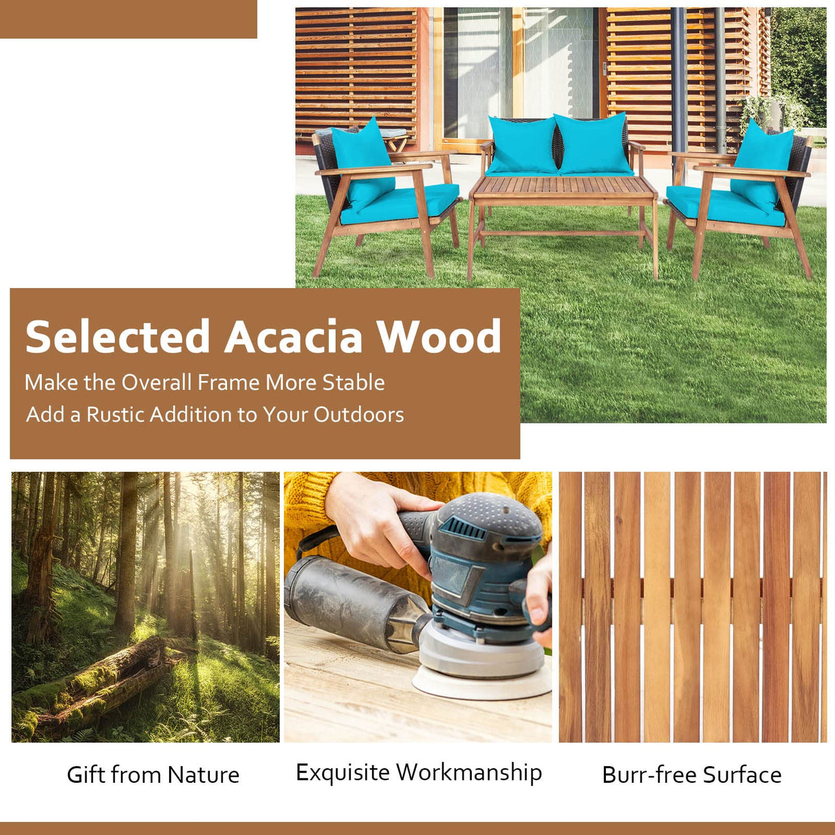 Tangkula 4-Piece Patio Furniture Set, Outdoor Acacia Wood Conversation Set with Cushions and Coffee Table, Outdoor PE Wicker Sectional Sofa Set for Garden, Poolside and Backyard (1, Turquoise) Tangkula