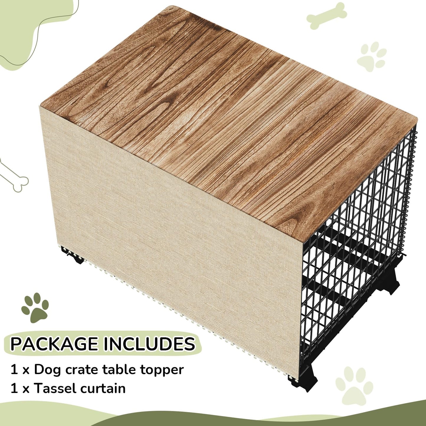 Wenqik Dog Crate Topper Wood for 36 Inch Cages Pet Crate Table Topper with Tassel Curtain Collapsible Wire Dog Crate Table Top Rustic Kennel Dog Crate Cover Wood, (Dog Crate Not Include) - WoodArtSupply