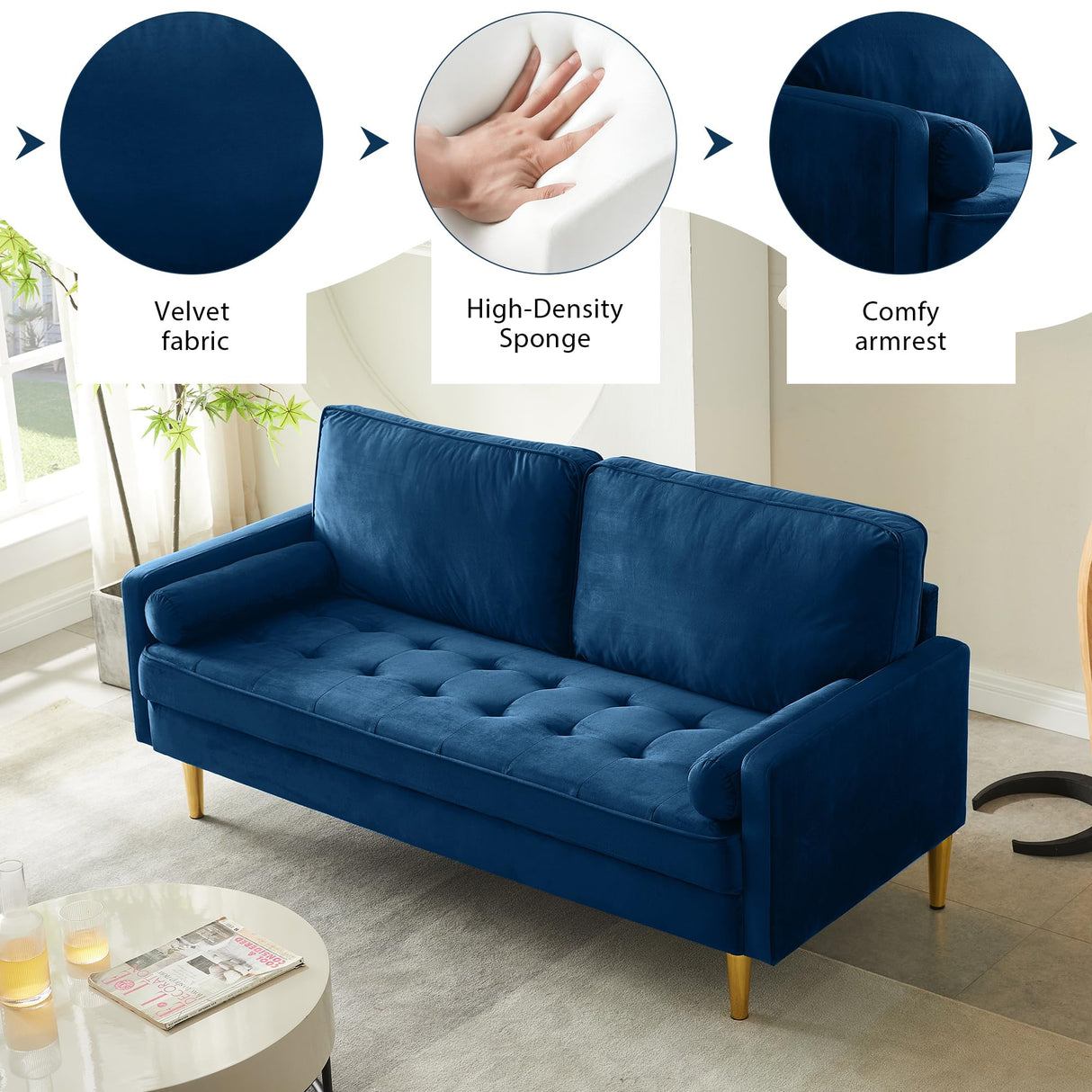 RXRRXY 67" Modern Velvet Loveseat Sofa Couch, Mid-Century Tufted Upholstered Small Love Seat Couch with 2 Pillows & 4 Golden Legs, 2-Seats Couches for Compact Space, Living Room, Apartment (Navy) RXRRXY