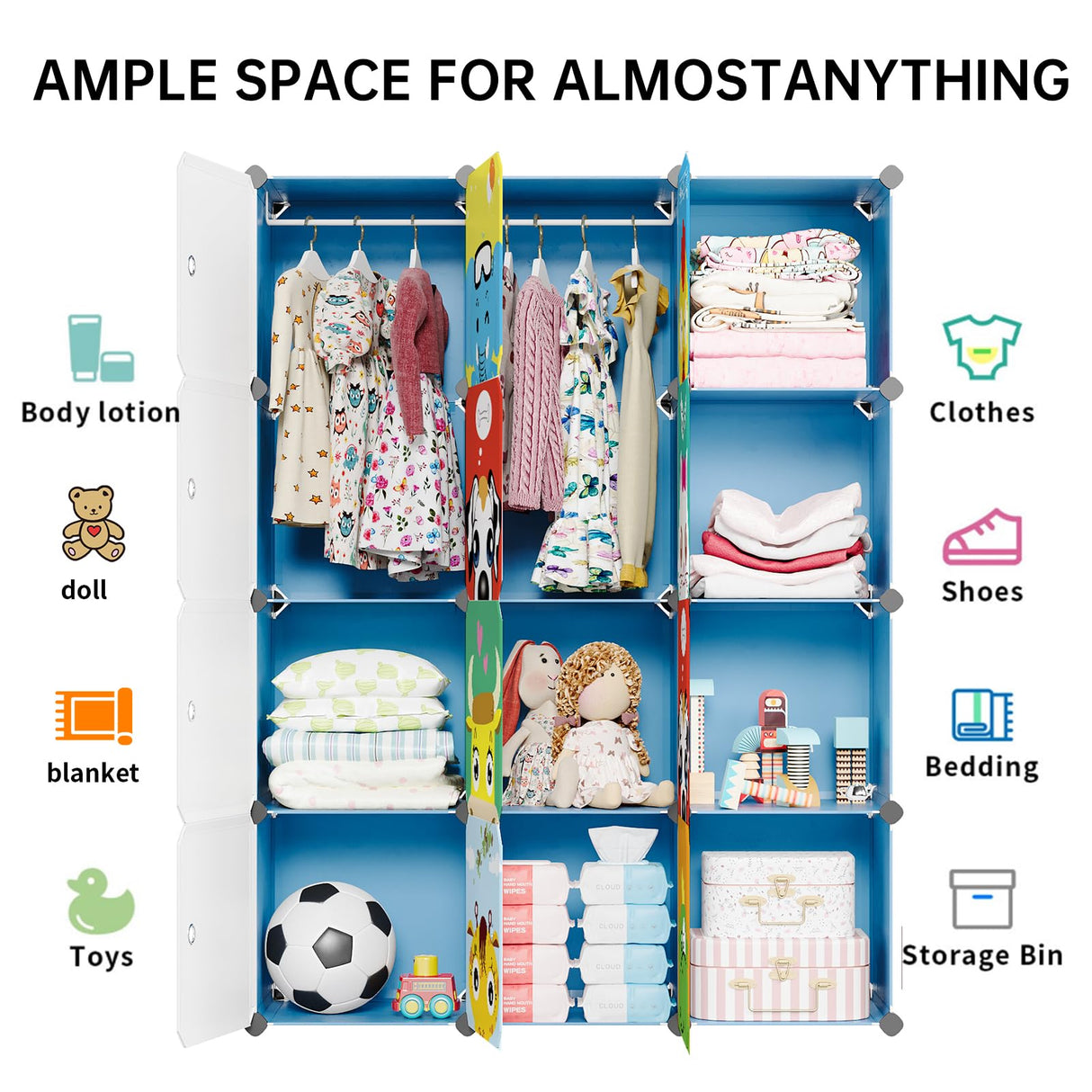 MAGINELS Kids Closet,Baby Wardrobe Closet with Door,Cute Portable Armoire Dresser,Clothes Hanging Storage Rack for Boy Bedroom,Blue,12 Cube(14x14inch) MAGINELS