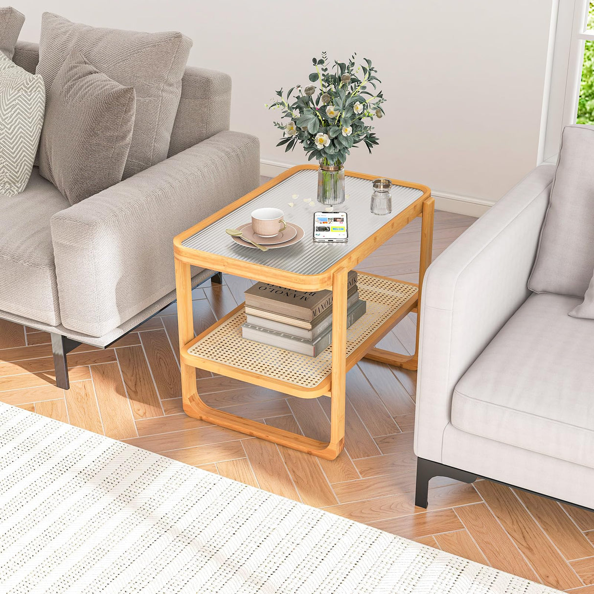 GOFLAME Bamboo Side Table with Glass Top, 2-Tier End Table with PE Rattan Storage Shelf, Home Sofa Side Table, Nightstand Bedside Table, Compact Coffee Table, Accent Table for Bedroom Living Room GOFLAME