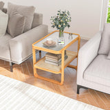 GOFLAME Bamboo Side Table with Glass Top, 2-Tier End Table with PE Rattan Storage Shelf, Home Sofa Side Table, Nightstand Bedside Table, Compact Coffee Table, Accent Table for Bedroom Living Room GOFLAME