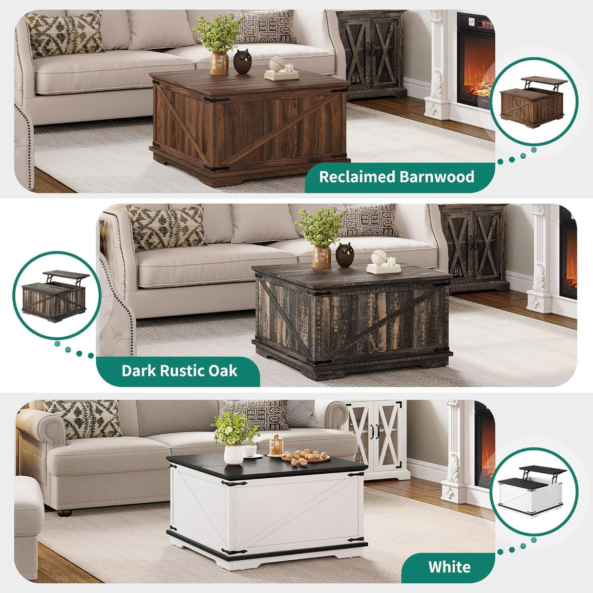 YITAHOME Farmhouse Lift Top Coffee Table for Living Room, Square Wood Coffee Table with Large Hidden Storage Compartment, Rustic Cocktail Table with Hinged Lift Top for Home Office, Reclaimed Barnwood YITAHOME