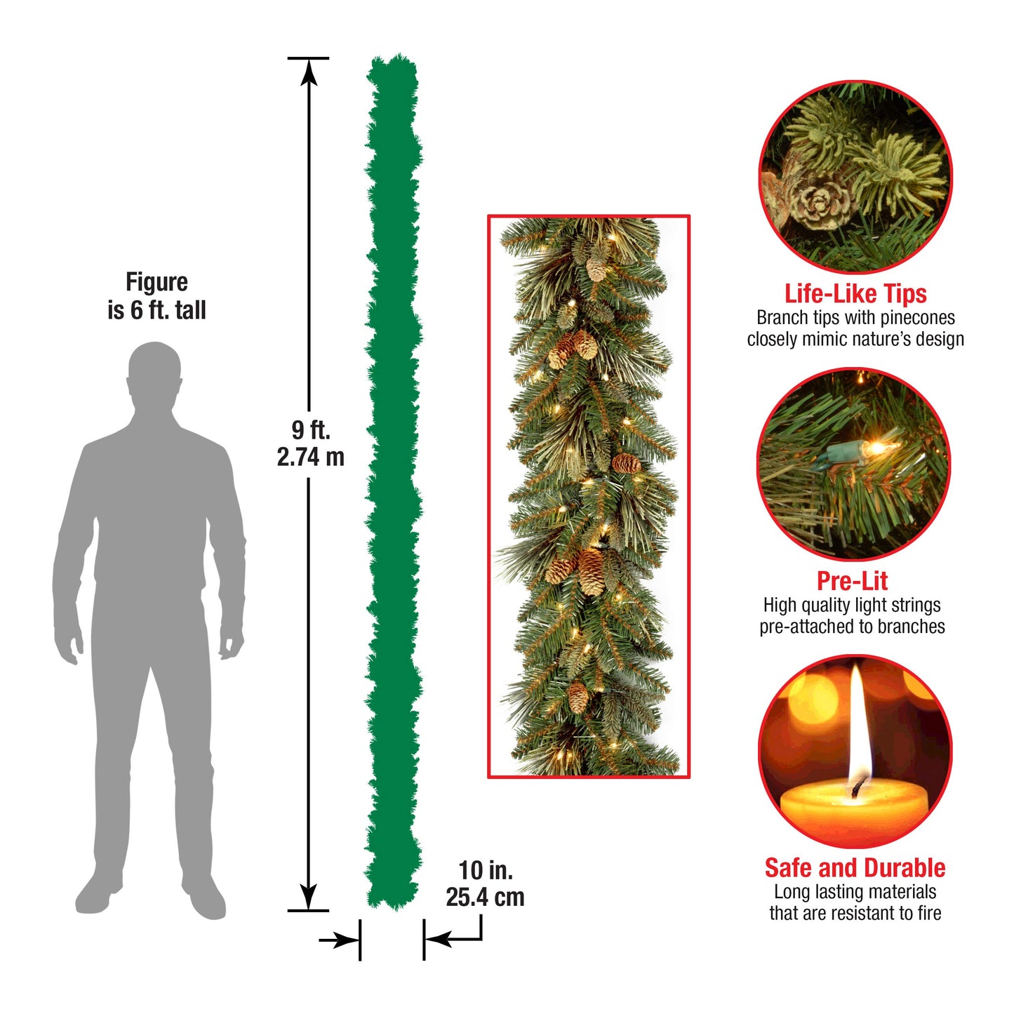 National Tree Company Pre-Lit Artificial Christmas Garland, Green, Carolina Pine, White Lights, Decorated with Pine Cones, Battery Operated, Christmas Collection, 9 Feet