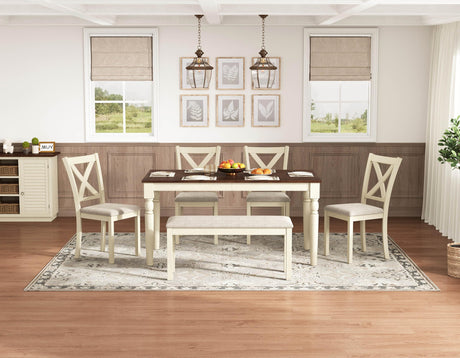 AMERLIFE 6-Piece Farmhouse Dining Table Set, 60” Solid Wood Table, 4 Upholstered Chairs and Bench, Rustic White and Walnut Finish, Seating for 6, for Kitchen or Dining Room AMERLIFE