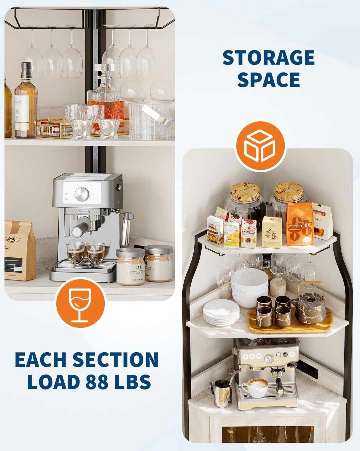 GAOMON 4-Tier Corner Wine Rack, Freestanding Foldable Bar Cabinet, Industrial Metal and Wood Wine Storage Shelf for Small Spaces, Living Room & Kitchen, Grey GAOMON