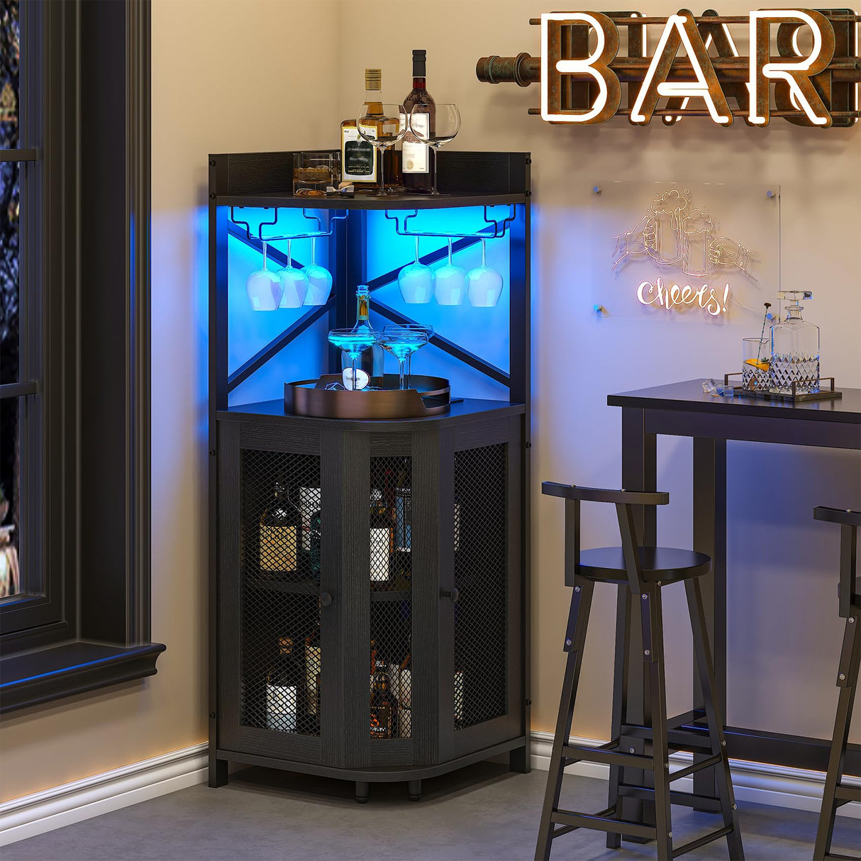 Lafnest Corner Bar Cabinet with Power Outlet and LED Light, Industrial Wine Cabinet with Glass Holder, 4-Tier Liquor Cabinet for Home, Farmhouse Home Bar for Liquor and Wine Storage, Black Lafnest