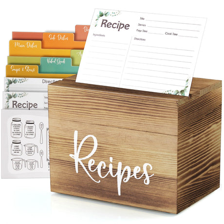 DRASTAR Recipe Card Box, Recipe Holder 4x6, Recipe Organizer with 50 Cards and 6 Dividers, Index Card Box, Wooden Box for Kitchen Countertop, Brown DRASTAR