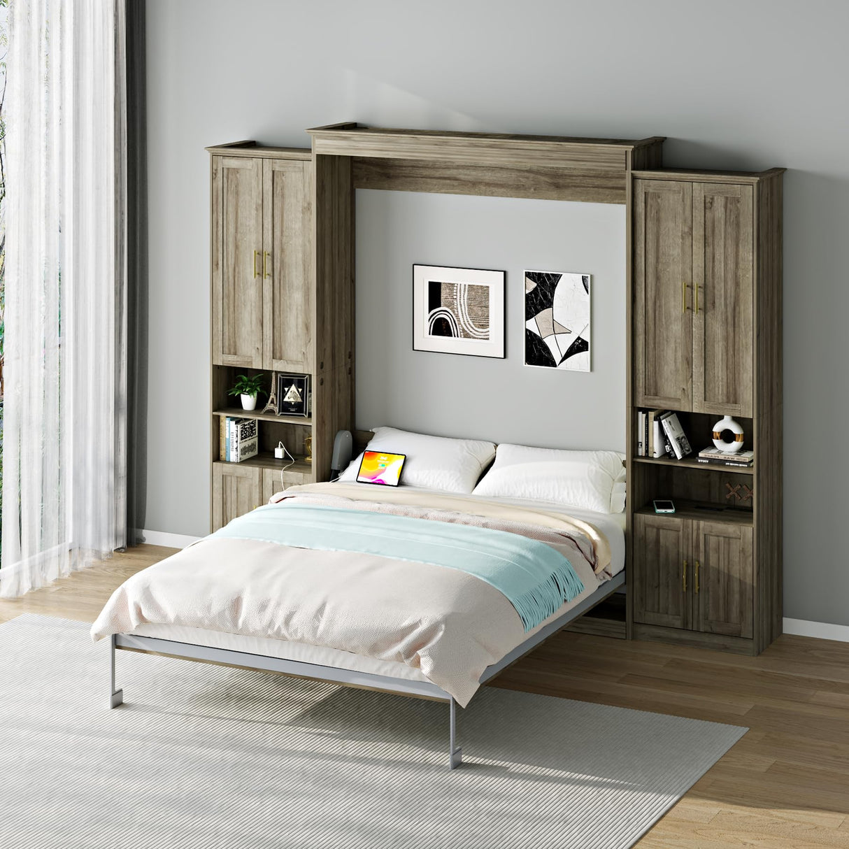 Rophefx Murphy Bed Queen with 2 Side Cabinet Storage Shelves, Queen Wall Bed Cabinet with USB Port, Wood Foldable Platform Bed Frame, Space Saving Beds, Modern Hidden Bed for Guest Room, Home, Grey Rophefx