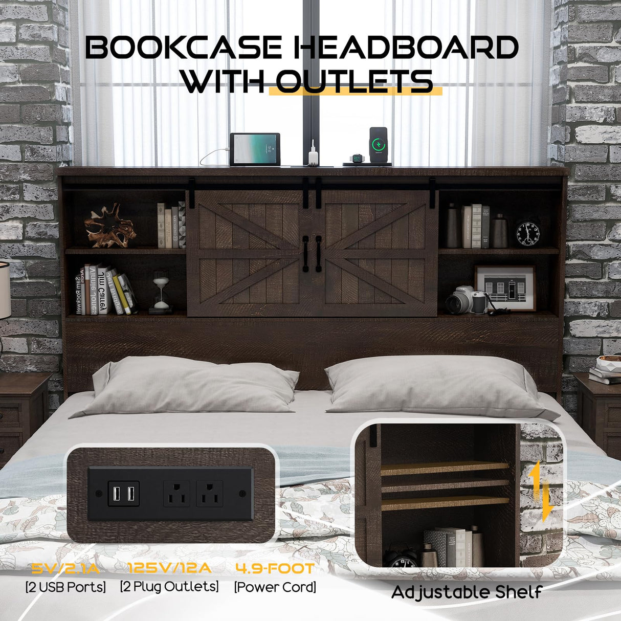 HOWE King Size Wood Platform Bed Frame with 51.2" Bookcase Headboard, Storage Bed with Sliding Barn Door Charging Station 2 Drawers, No Box Spring Needed/Farmhouse/Brown HOWE