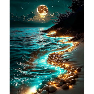 Hutarosl Moonlight Beach Paint by Number Canvas for Adults-Moonlight Paint by Numbers Kit for Adults,Beach Paint by Number Adult,Canvas Paint by Numbers for Adult for Gifts Home Decor 16x20in