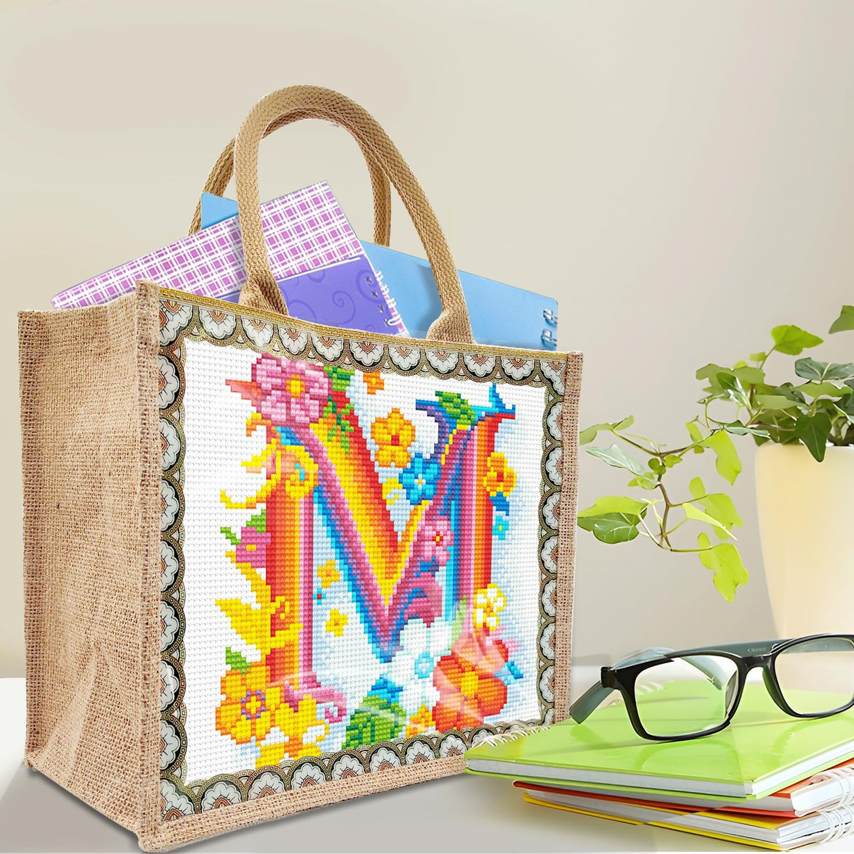 5D Diamond Art Painting Tote Bag Kit, DIY Painting Handbag Kits, Art Bag for Home Organizer (Single Side Dot Diamond)-M-1 WoodArtSupply