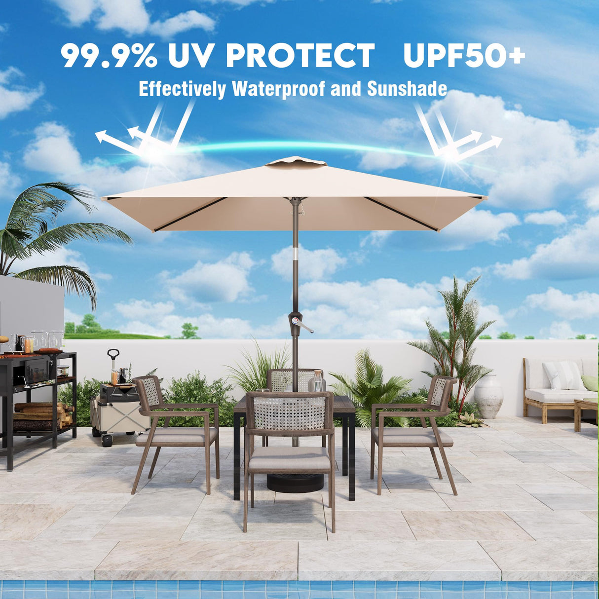 AreShark 6.5' x 10' Rectangular Patio Umbrellas for Outdoor, Outdoor Table Umbrella, Large Outdoor Patio Umbrellas with 6 Sturdy Ribs, Patio Umbrellas for Market, Garden, Pool (Beige) AreShark