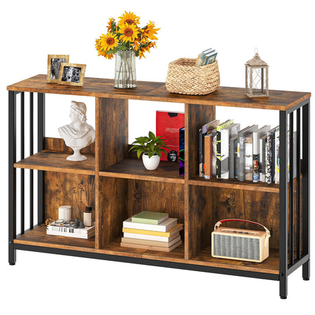 HOOBRO 6 Cube Bookcase, Industrial Horizontal Bookshelf, Wooden and Metal Cubby Bookcase, Long Shelving Unit for Living Room, Bedroom, Home Office, Rustic Brown and Black BF117SJ01 HOOBRO