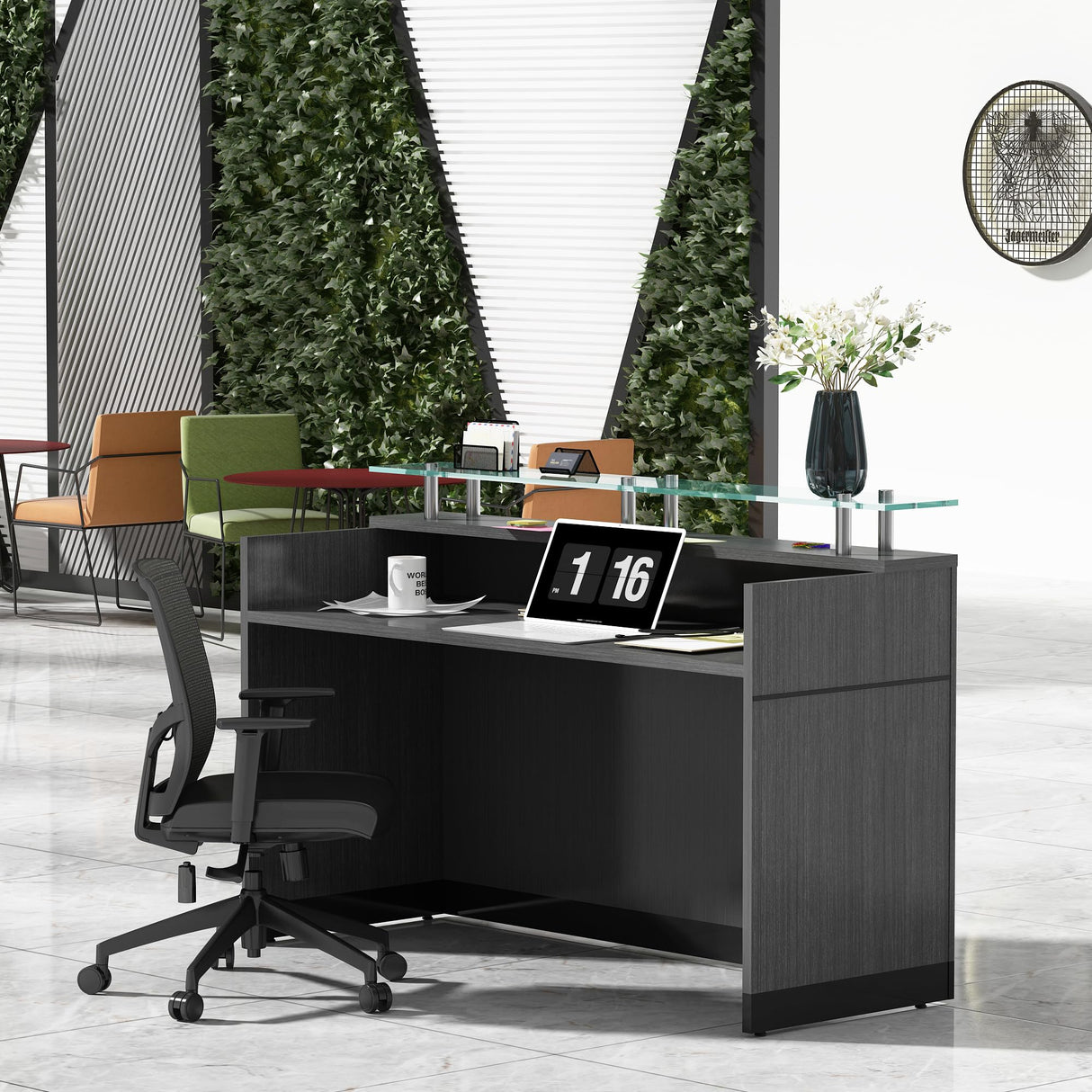 ALFA BUSINESS Modern Rectangle Reception Desk with Glass Counter | Manufactured Wood Front Desk(63" W x 23.7" D) ALFA BUSINESS